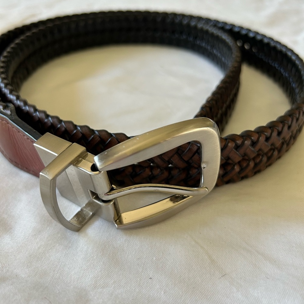 Men's Braided Reversible Black /Brown Leather Belt with Silver   Tone Buckle